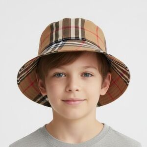 20” Hand Crafted‎ Kids Designer’s Look Plaid Canvas Bucket Hat - Tan and Black